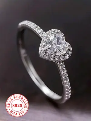 925 Sterling Silver Luxury Heart Shaped Rhinestone & Artificial Diamond Decorated Ring, Gorgeous Wedding Engagement Ring Jewe...