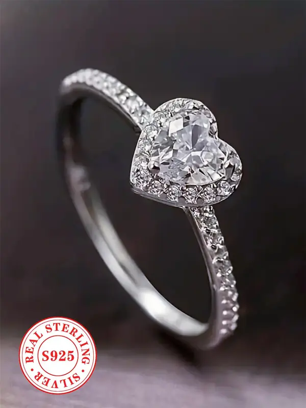 925 Sterling Silver Luxury Heart Shaped Rhinestone & Artificial Diamond Decorated Ring, Gorgeous Wedding Engagement Ring Jewe...