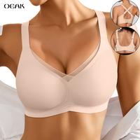 OEAK Women V Neck Crossover Mesh Wide-strap Seamless Bras Comfortable Bralette Soft Tshirt Bra No Underwire Push Up Everyday ...