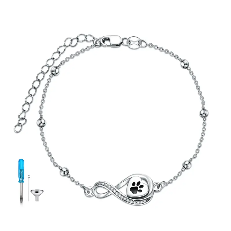 Sterling Silver Circular Cubic Zirconia Paw With Heart With Infinity Symbol Urn Bracelet For Ashes For Women