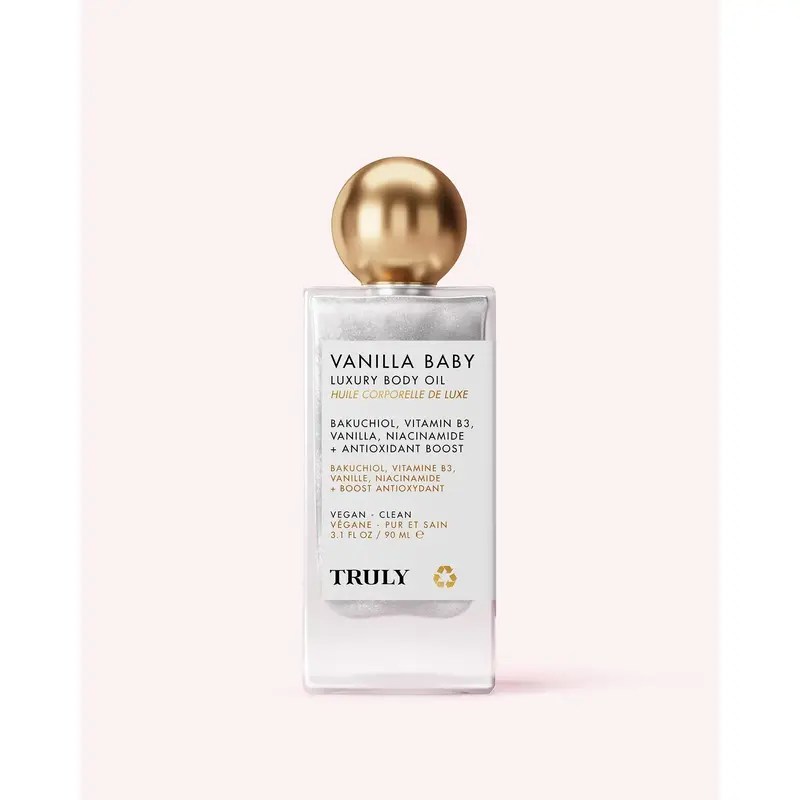 Vanilla Baby Plumping Body Shimmer Oil – Brightening Formula with Niacinamide & Bakuchiol – Hydrates, Firms & Nourishes f...