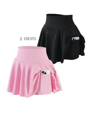 【Plus Size】 Solid Color Sports Skort, Casual Comfy Breathable Pocket Design Skort for Outdoor Golf Tennis, Women's Sport ...