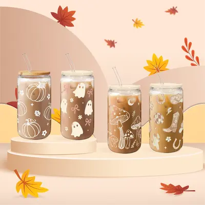 Sandjest GlassGlow 16oz Cute Glass Cup, Iced Coffee Drinking Can Shaped Mug with Bamboo Lid & Straw, Drinkware Home Office, H...