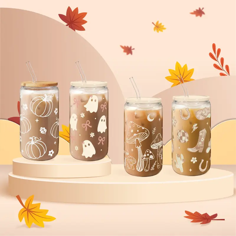 Sandjest GlassGlow 16oz Cute Glass Cup, Iced Coffee Drinking Can Shaped Mug with Bamboo Lid & Straw, Drinkware Home Office, H...