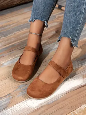 Women's Solid Color Round Toe Flat Shoes, Casual Comfortable Velcro Flats for Daily Wear, Lightweight Breathable Shoes for Al...