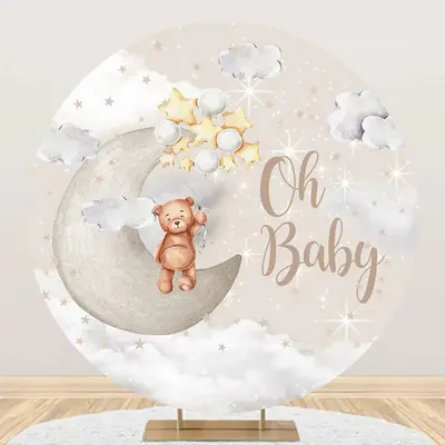 Brown Cute Bear Star Moon Round Baby Shower Backdrop - Aperturee