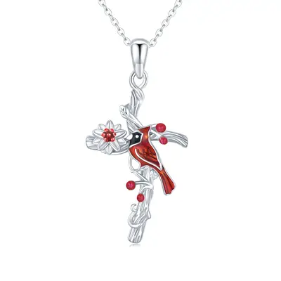 Sterling Silver Cardinal & Wildflowers Cross Pendant Necklace for Women