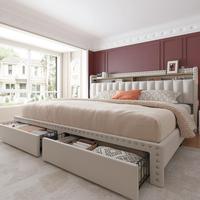 【dealsforyoudays】NO MATTRESS, RaybeeFurniture Bed frame for Queen Bed Frame with Headboard&Storage, Luxury Upholstered Be...