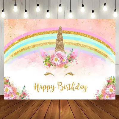 Aperturee Glitter And Floral Unicorn Birthday Backdrop