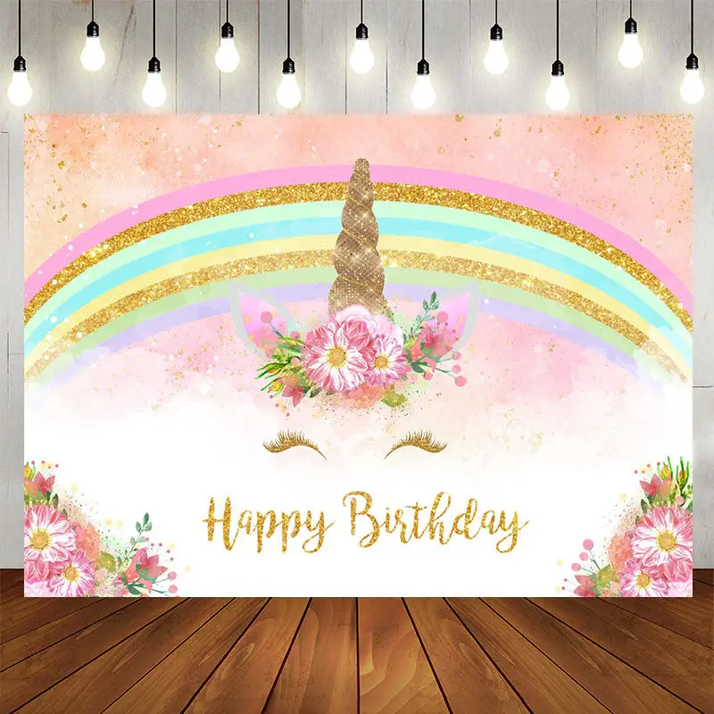 Aperturee Glitter And Floral Unicorn Birthday Backdrop