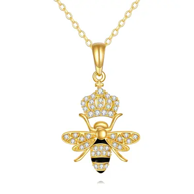 14K Gold Cubic Zirconia Bee Queen & Crown Pendant Necklace