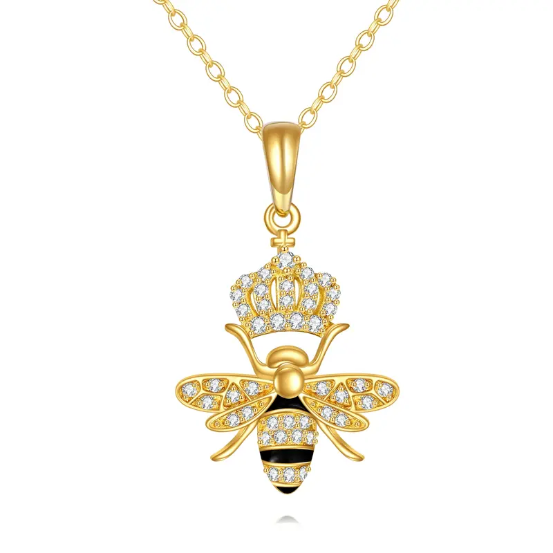 14K Gold Cubic Zirconia Bee Queen & Crown Pendant Necklace