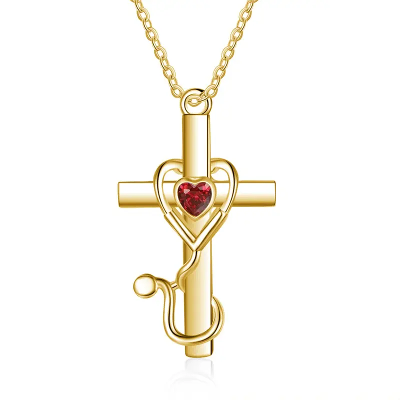 14K Gold Heart Cubic Zirconia Cross & Stethoscope Pendant Necklace