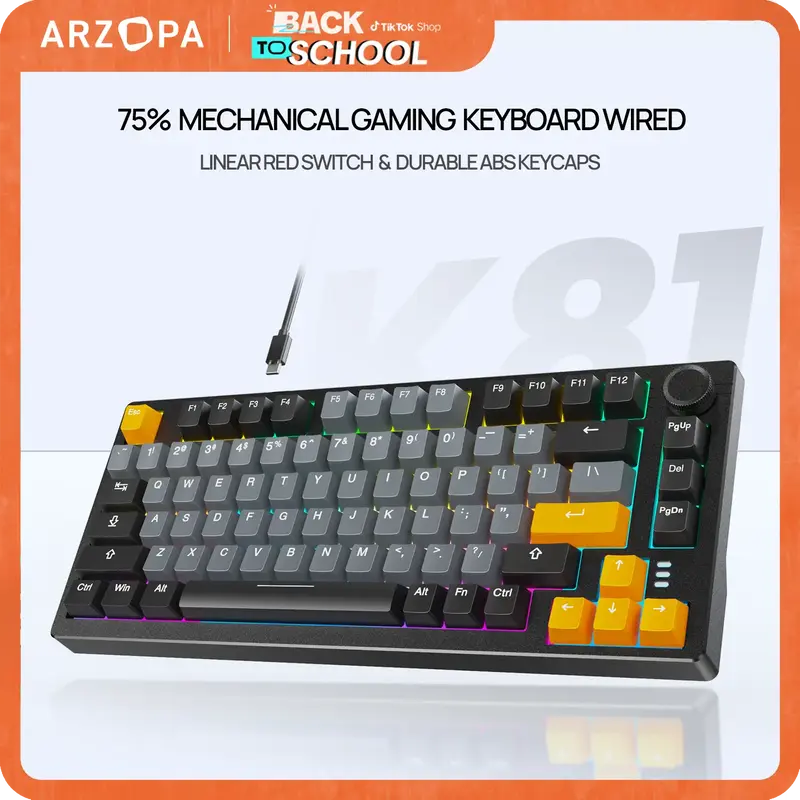 ARZOPA 75% Mechanical Gaming Keyboard Wired, RGB Backlit 81 Keys Compact Mechanical Keyboard Socket Dedicated Red Switch Gask...