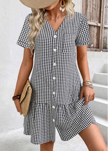 Modlily Black Plaid Short Sleeve V Neck Dress - S