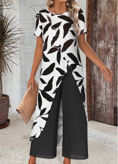 Modlily White Leaf Print Ankle Length Short Sleeve Top - M