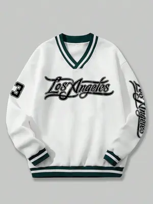 Men's Letter & Figure Print Striped Trim Drop Shoulder Sweatshirt, Loose Casual Preppy Style Long Sleeve V Neck Pullover for ...