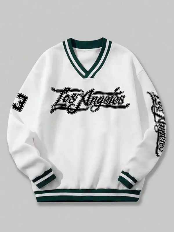 Men's Letter & Figure Print Striped Trim Drop Shoulder Sweatshirt, Loose Casual Preppy Style Long Sleeve V Neck Pullover for ...