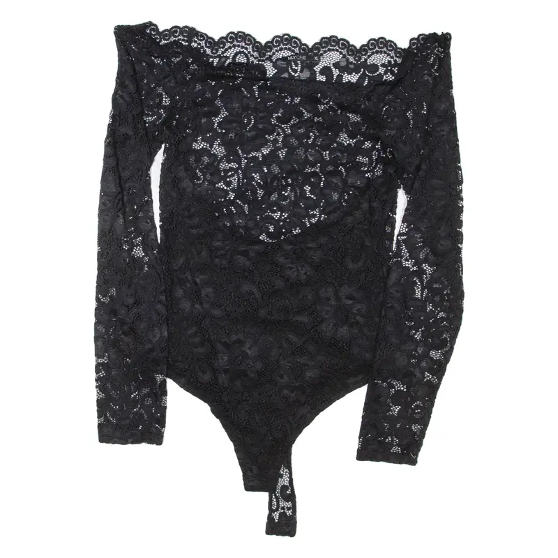 NLYONE Lace Womens Off Shoulder Bodysuit Black Long Sleeve XL