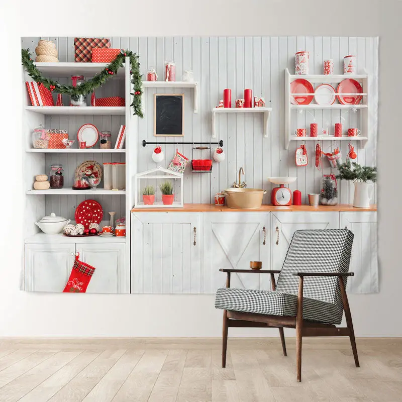 Aperturee Red White Kitchen Family Photo Christmas Backdrop