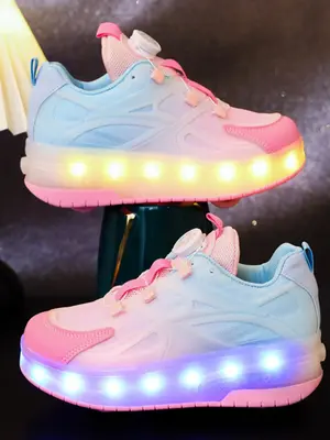 Usb Rechargeable Led Light Up Pink Sneakers, Trendy Colorful Roller Skate Shoes for Boys & Girls, Luminous Cool Casual Sports...