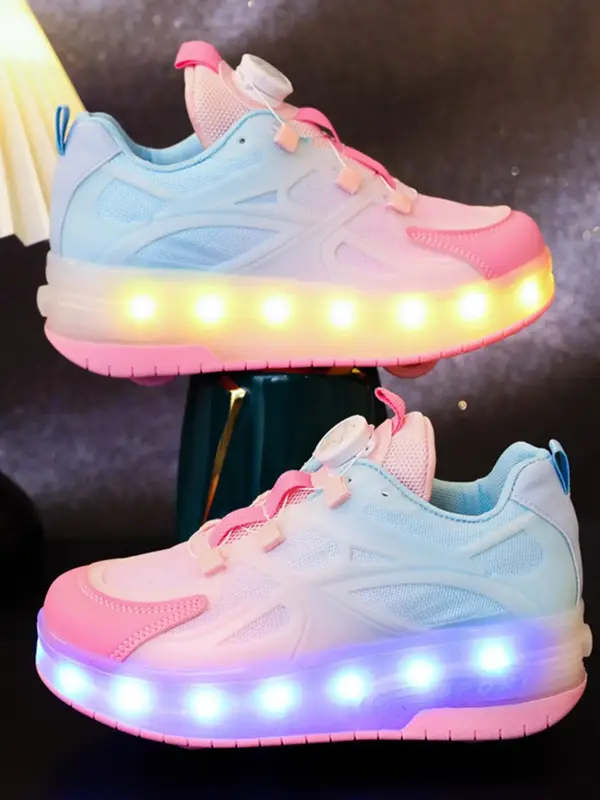 Usb Rechargeable Led Light Up Pink Sneakers, Trendy Colorful Roller Skate Shoes for Boys & Girls, Luminous Cool Casual Sports...