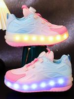 Usb Rechargeable Led Light Up Pink Fashion Sneakers, Trendy Breathable High Top Colorful Roller Skate Shoes for Boys & Girls,...