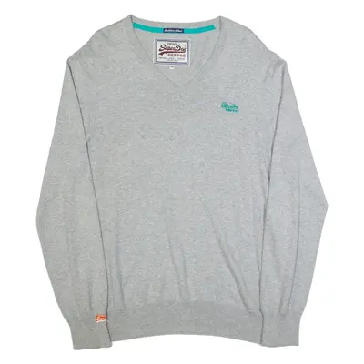 SUPERDRY Mens Jumper Grey V-Neck Tight Knit 2XL