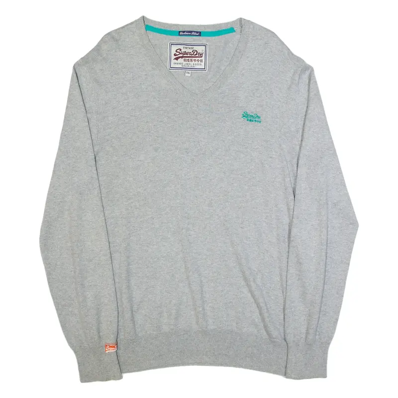 SUPERDRY Mens Jumper Grey V-Neck Tight Knit 2XL