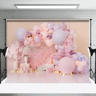 Sweet Pink Floral Butterfly Light Cake Smash Backdrop - Aperturee