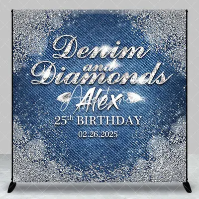 Aperturee Sparkle Diamonds Denim Custom Name Birthday Backdrop, 3X3FT(1X1M), 15 USD, custom birthday backdrops, DZDM1Y91-O