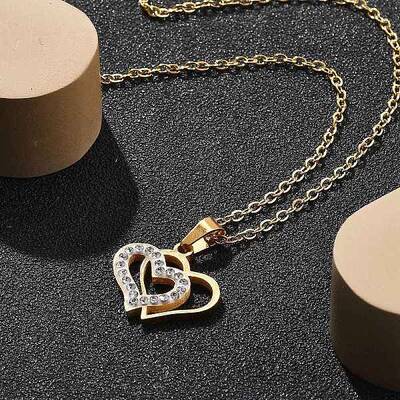 304 Stainless Steel Crystal Rhinestone Heart Pendant Cable Chain Necklaces for Women