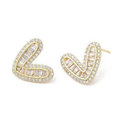 Heart Brass Micro Pave Cubic Zirconia Stud Earrings for Valentine's Day