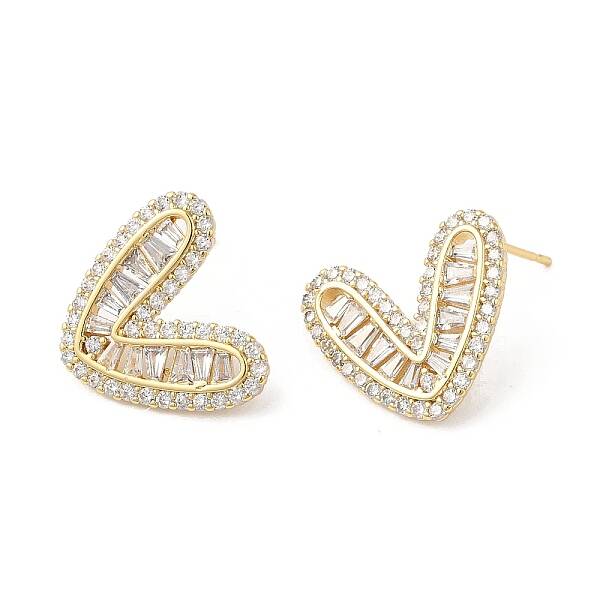 Heart Brass Micro Pave Cubic Zirconia Stud Earrings for Valentine's Day