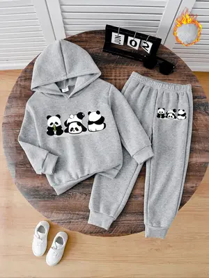 Boys' Fall Winter Fleece Set, Cartoon Panda Hoodie & Jogger Pants Two-Piece, Hooded Sweatshirts & Trousers, Warm Skin-Friendl...