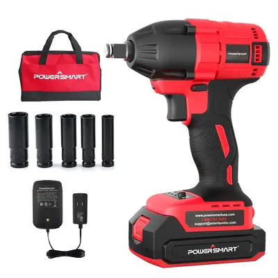 PowerSmart Brushless Cordless Impact Wrench 1/2 In. with Friction Ring,  20V 2.0Ah Battery and Fast Charger, Power Bits/Nut D...