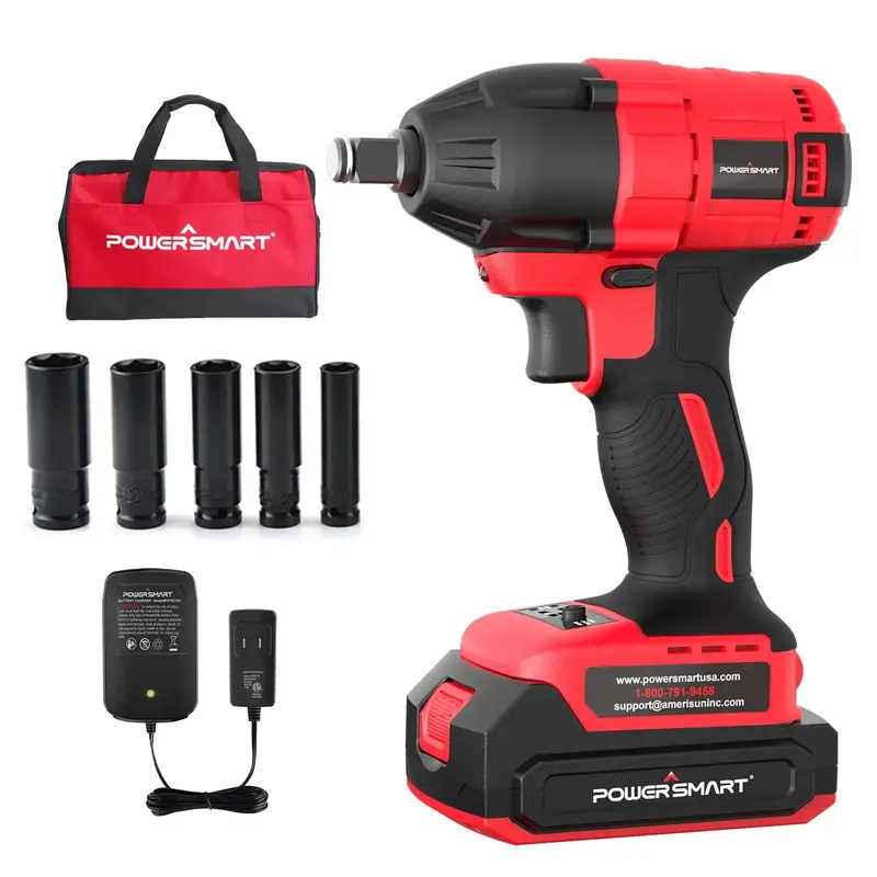 PowerSmart Brushless Cordless Impact Wrench 1/2 In. with Friction Ring,  20V 2.0Ah Battery and Fast Charger, Power Bits/Nut D...