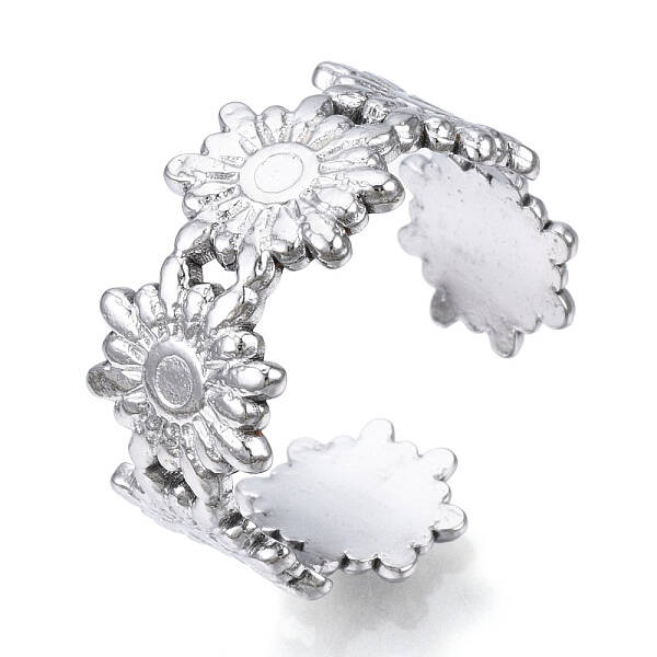 Non-Tarnish 304 Stainless Steel Flower Open Cuff Ring for Women