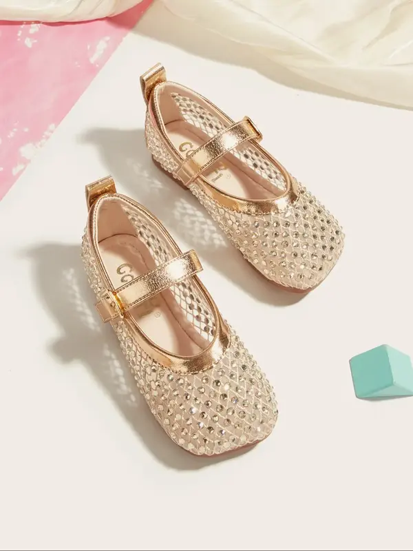 Girls' Elegant Silver Color Rhinestone Hollow PU Leather Flat Shoes, Soft Sole, Stylish Square Toe Princess Shoes for All Sea...