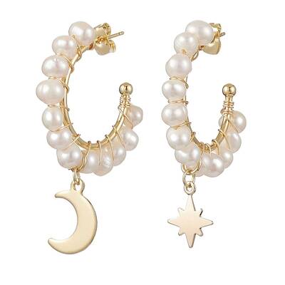 Moon & Star Natural Pearl Dangle Half Hoop Earrings