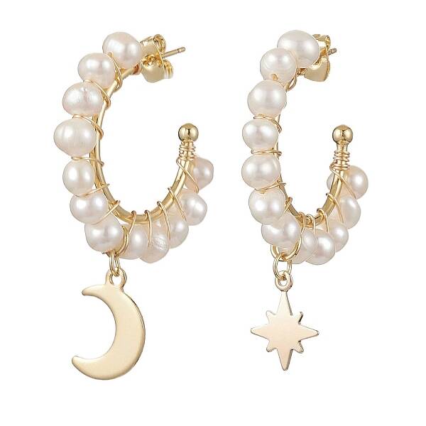 Moon & Star Natural Pearl Dangle Half Hoop Earrings