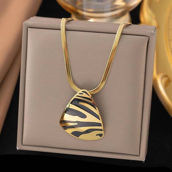 304 Stainless Steel Black Enamel Zebra Print Teardrop Pendant Flat Snake Chain Necklaces for Women