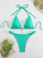Two-piece Set Women's Plain Textured Metal Decor Bikini Set, Casual Halter Triangle Swim Bra & High Cut Swim Bottom, Ladies S...