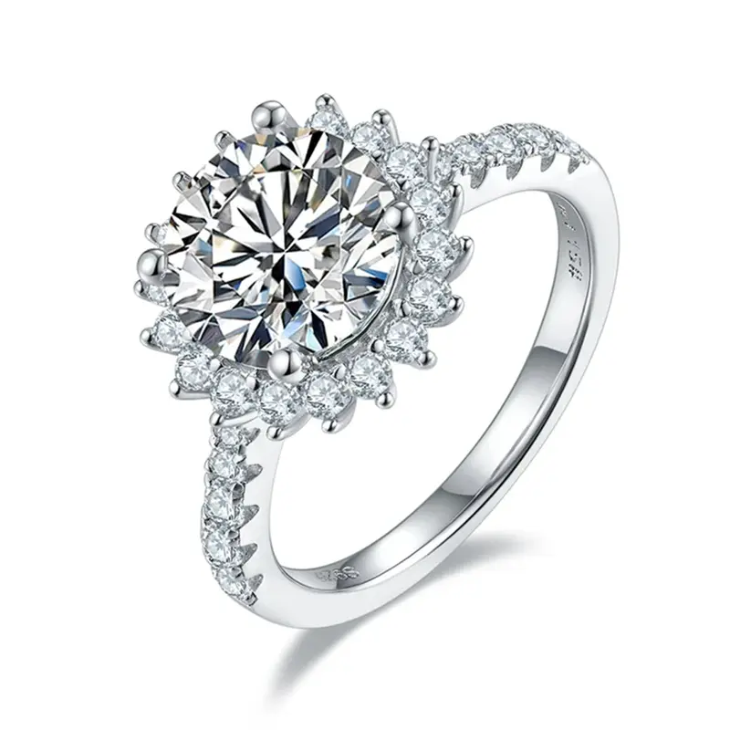 Sterling Silver Round Shaped Moissanite Sunflower Engagement Ring