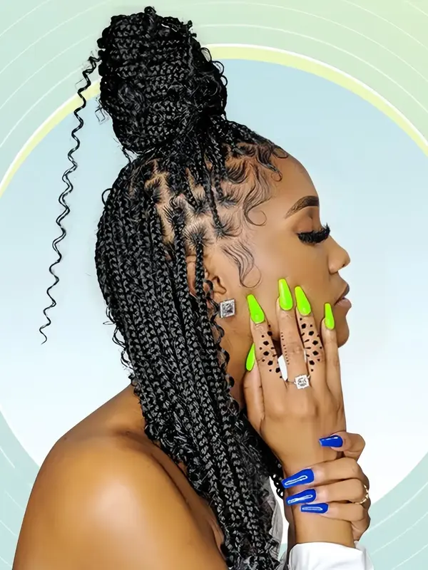 16 Inch Black Long Wavy Braided Lace Wigs for Women, Gorgeous Fluffy Wigs with Baby Hair Bangs, Synthetic Braided Full Lace W...