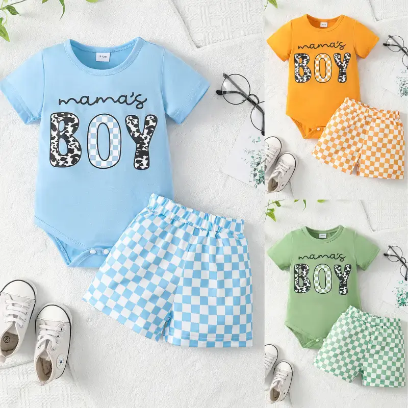 Ready Stock Summer Outfit For 0-18M Baby Boys Mother's Day Stylish Letter Graphics Short Sleeve Romper Tops Checker Pattern S...