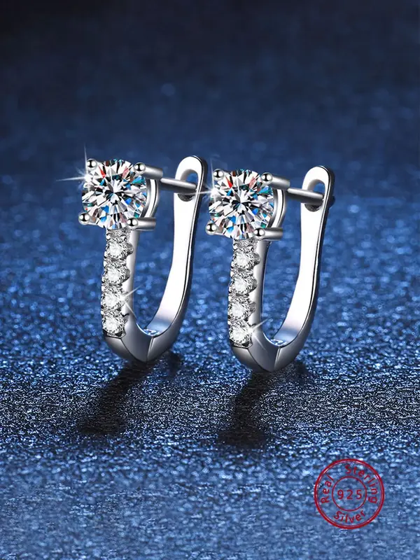 925 Sterling Silver Fashion Moissanite Decorated U-shaped Earrings, Elegant Jewelry for Women, Daily Clothing Decor, Trendy A...
