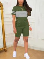 Two-piece Set Women's Patchwork Short Sleeve Tee & Skinny Shorts, Casual Round Neck T-shirt & Shorts for Daily Wear, Ladies S...