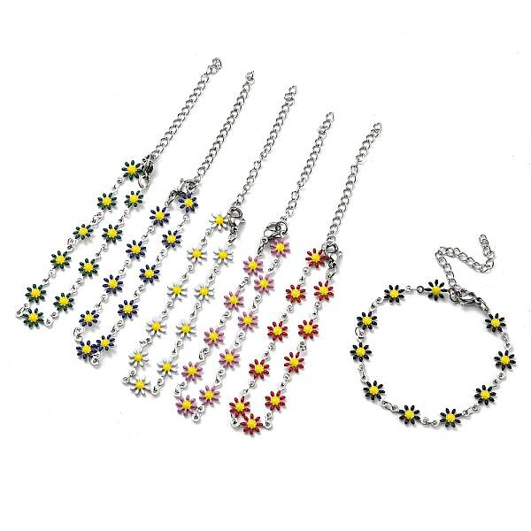304 Stainless Steel Flower Link Chain Bracelets with Enamel