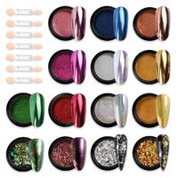 Fcozpjk Chrome Nail Powder Set 14 Colors Pink Blue Silver Metallic Effect Mirror Powder for Nails With Brushes Holographic Pi...